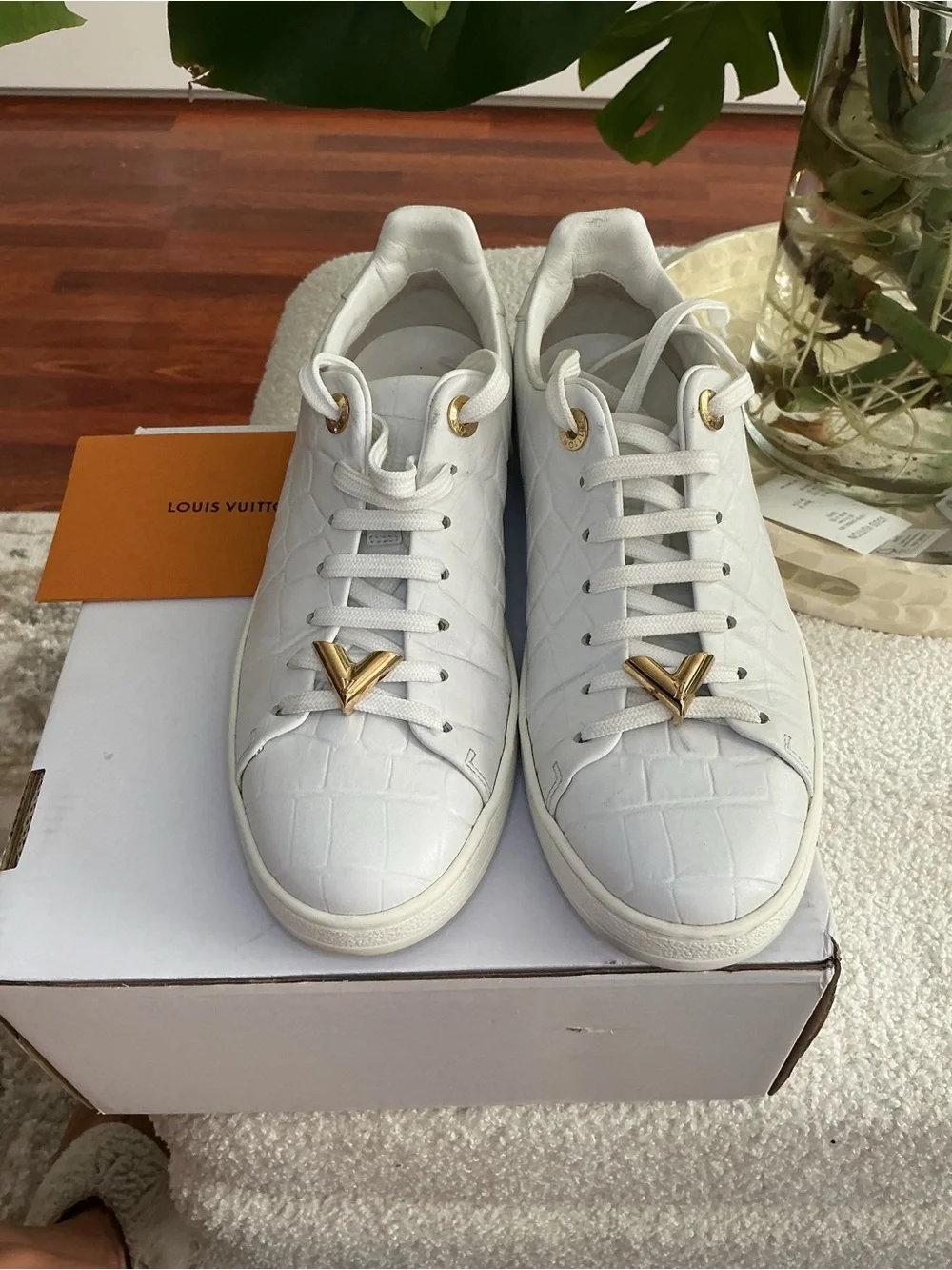 Louis Vuitton White Croc-Embossed Sneakers with Gold V Accents